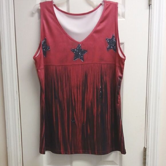 Casual V Neck Sleeveless Top With Star Print And Fringe Detail. XL NWT Brick Red - Picture 1 of 10